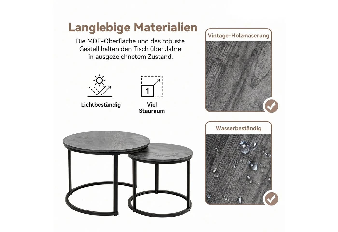 HawthyHome Couchtisch 2er-Set Grau Massivholz & Metall - Bild 4