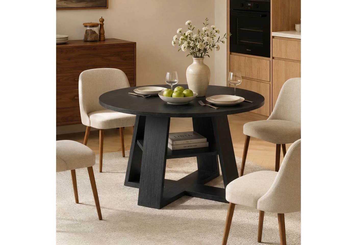 HawthyHome Runder Esstisch aus Holz mit Ablagefach & X-Gestell Schwarz - Bild 2