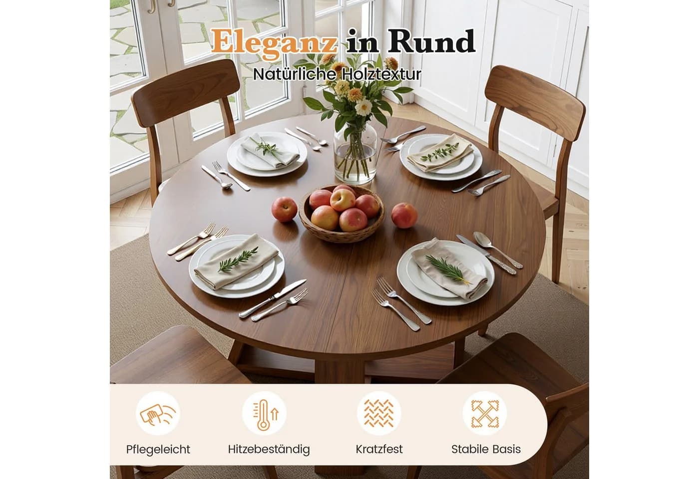 HawthyHome Runder Esstisch aus Echtholz mit Ablagefach & X-Gestell Schwarz - Bild 5
