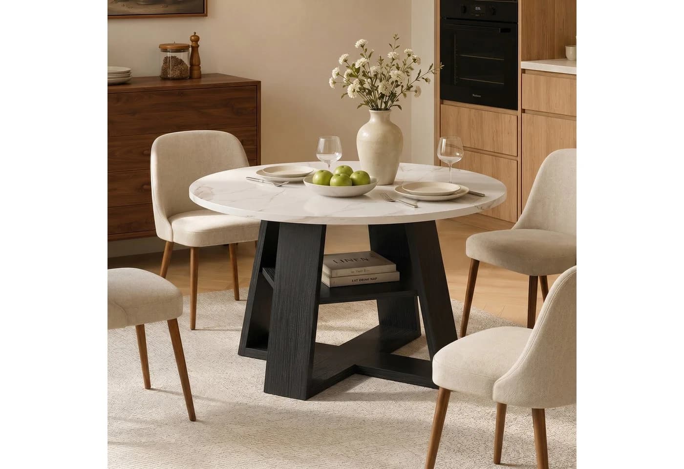 HawthyHome Runder Esstisch aus Holz mit Ablagefach & X-Gestell Schwarz - Bild 2