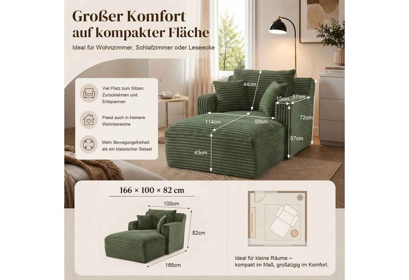 Fanttik Cord-Schlafsofa 165 cm Grün - Bild 3