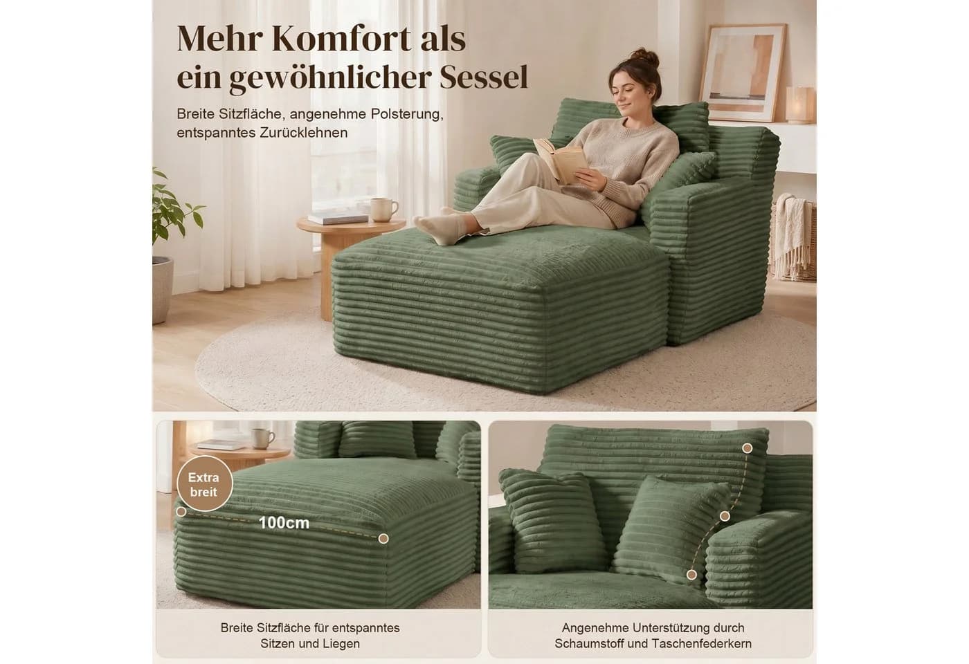 Fanttik Cord-Schlafsofa 165 cm Grün - Bild 4