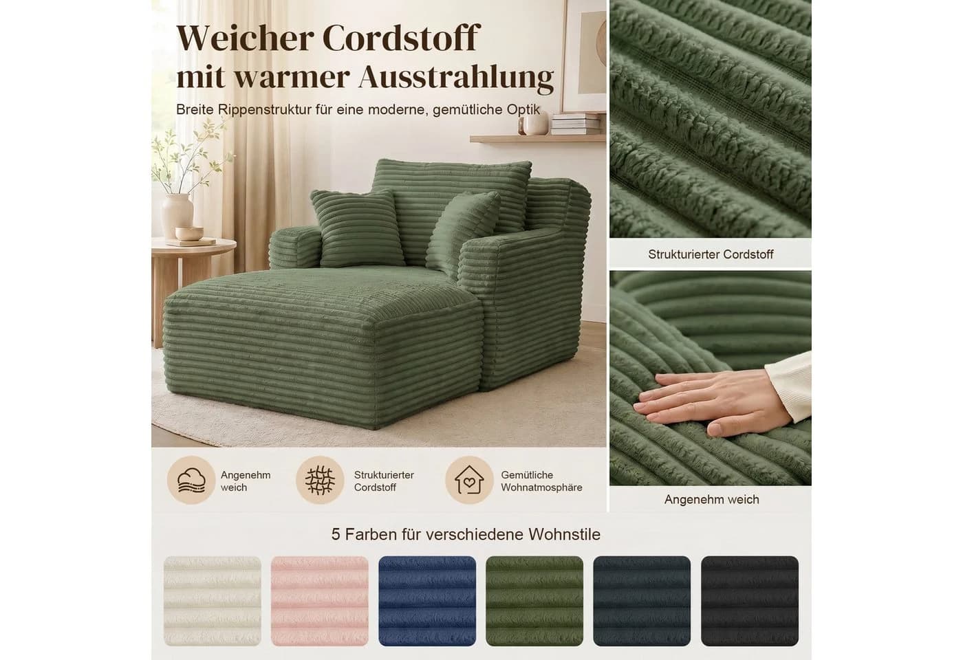 Fanttik Cord-Schlafsofa 165 cm Grün - Bild 5