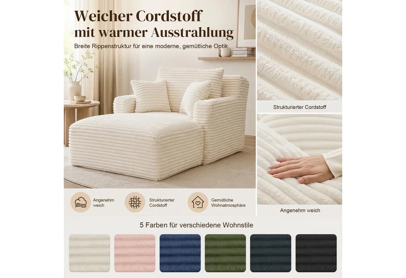 ANYSUN Sofa Cord-Schlafsofa mit 2 Kissen, Bequemes Schlafsofa, Loungesofa, Ohne Montage - Bild 5