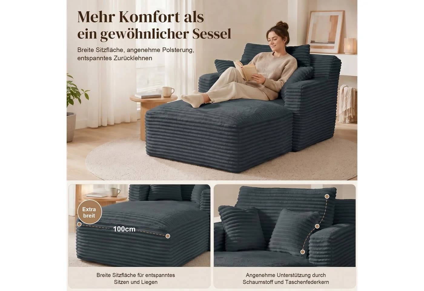 ANYSUN Loungesofa Modernes Chaiselongue-Sofa Cord Dunkelgrau
