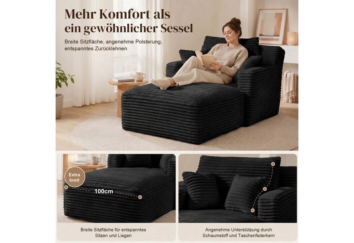 ANYSUN Loungesofa Modernes Chaiselongue-Sofa Cord Schwarz - Bild 3