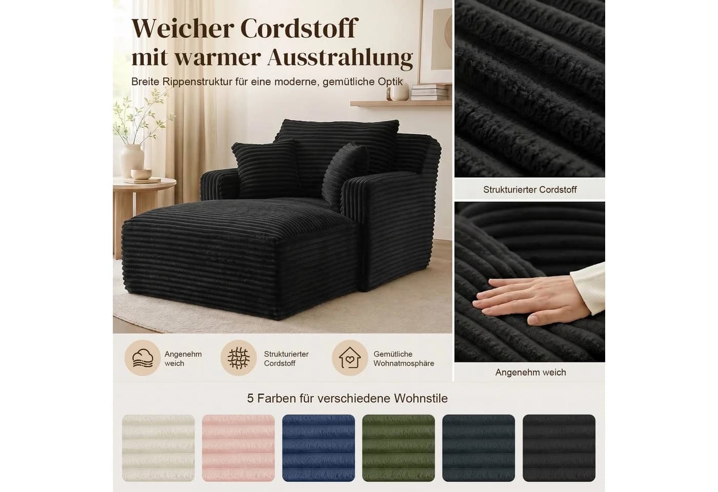ANYSUN Loungesofa Modernes Chaiselongue-Sofa Cord Schwarz - Bild 4