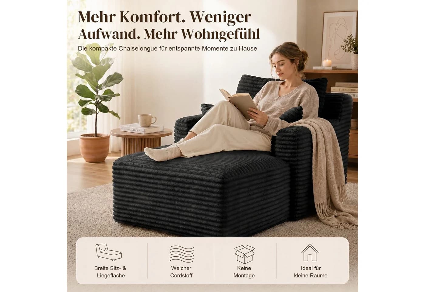 ANYSUN Loungesofa Modernes Chaiselongue-Sofa Cord Schwarz - Bild 5