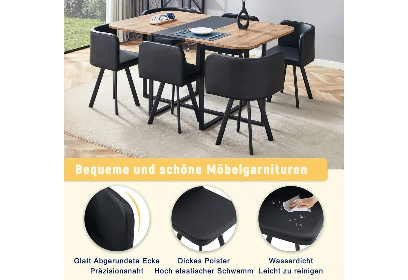 ANYSUN Essgruppe 7-tlg. Esstisch mit 6 Stühlen braun/schwarz - Bild 5