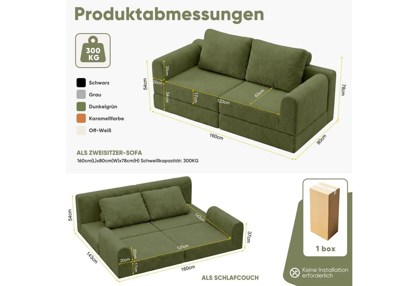 ANYSUN Klappbares Schlafsofa 2-Sitzer Flanell Grün mit Schlaffunktion - Bild 3