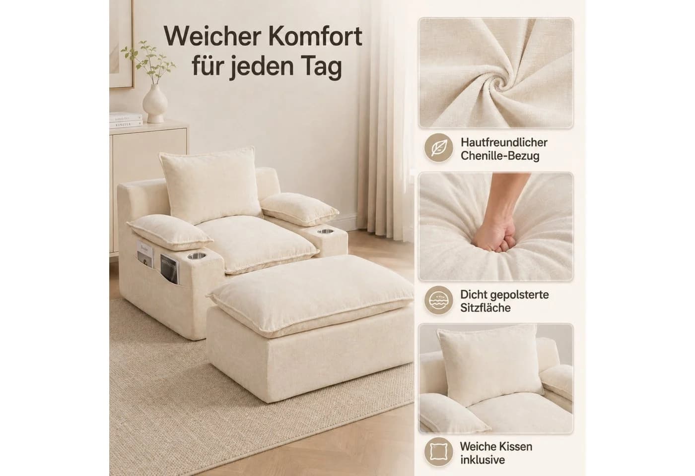 ANYSUN Relaxsessel Chaiselongue mit Ottomane Beige Chenille - Bild 5