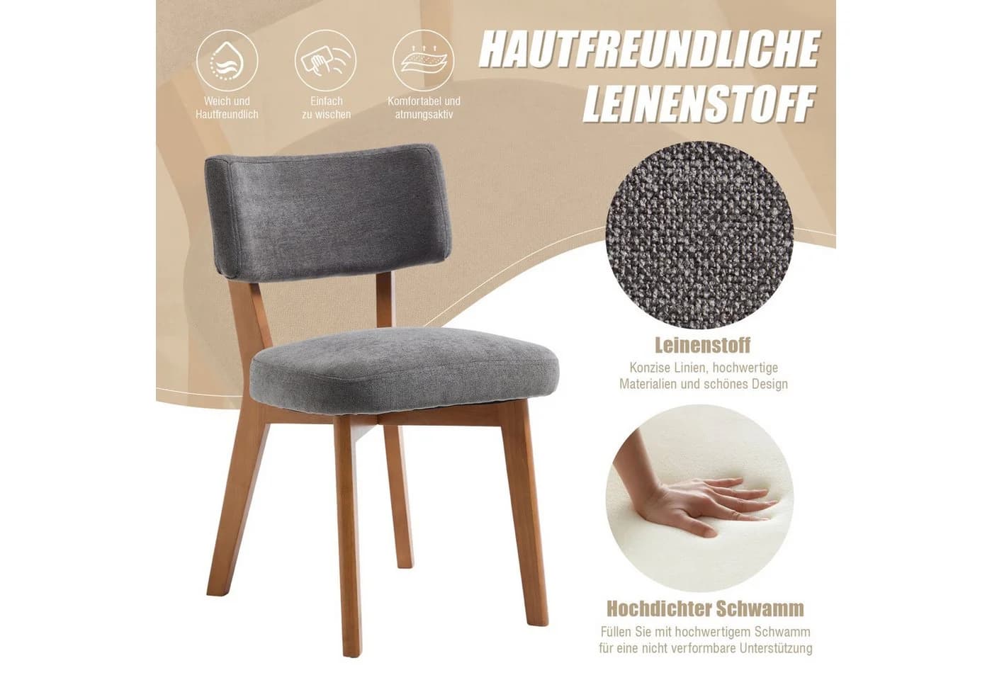 ANYSUN Esszimmerstuhl 2er Set Grau Gepolstert Holzbeine
