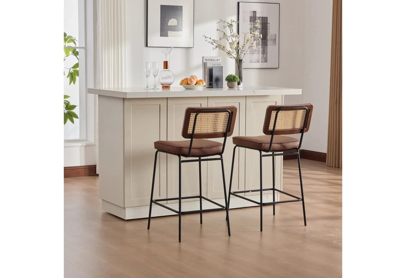 ANYSUN Barhocker 2er Set mit Rattan-Rückenlehne und Kunstleder-Sitz