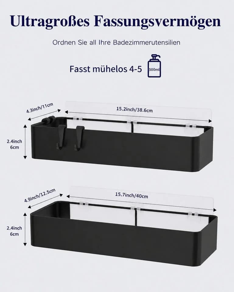 ibettertec Duschregal 2er Set Schwarz Selbstklebend Rostfrei - Bild 3