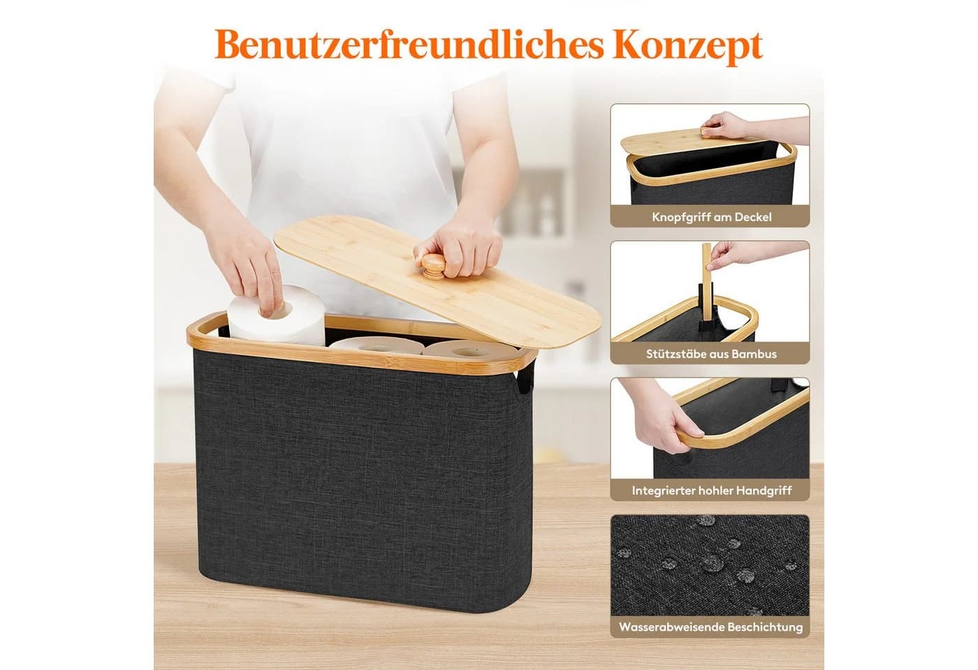Lifewit Papiertuchbox Toilettenpapier Aufbewahrungskorb Bambus Badezimmer Organizer Schwarz - Bild 4