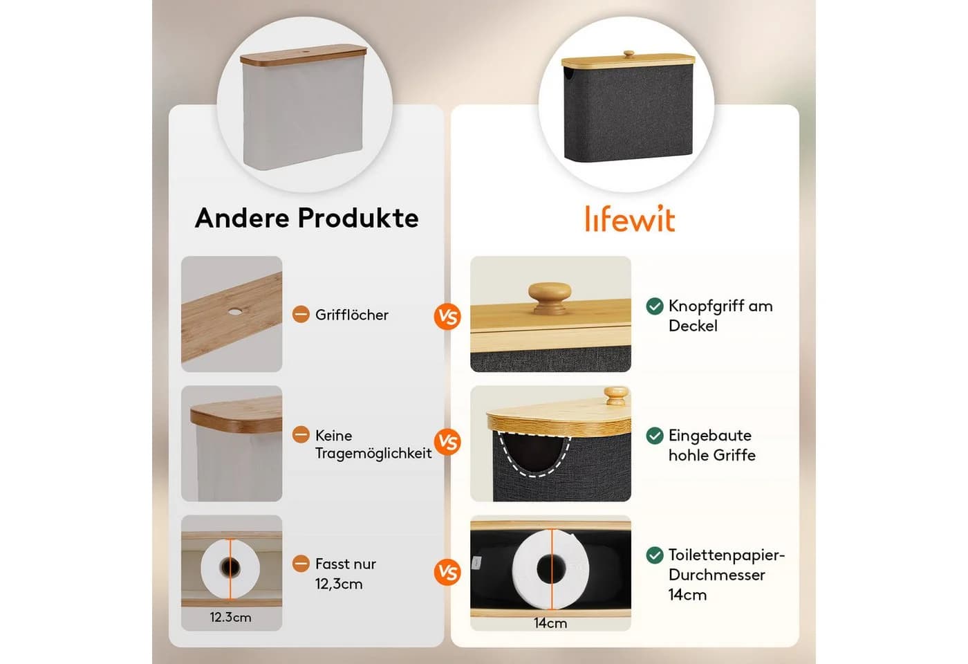 Lifewit Papiertuchbox Toilettenpapier Aufbewahrungskorb Bambus Badezimmer Organizer Schwarz - Bild 5