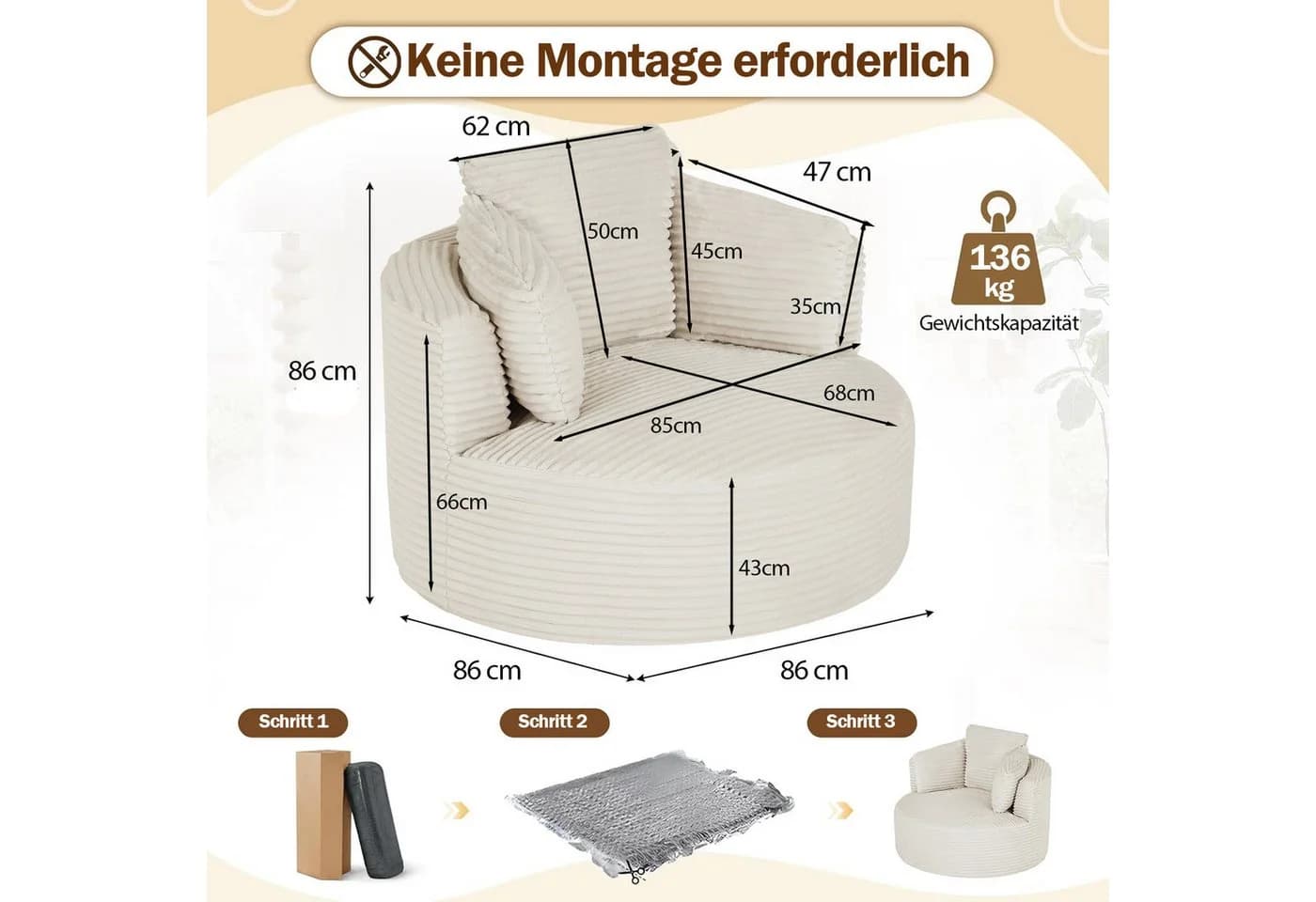 ANYSUN Relaxsessel Cord Beige Moderner Bodensessel - Bild 3