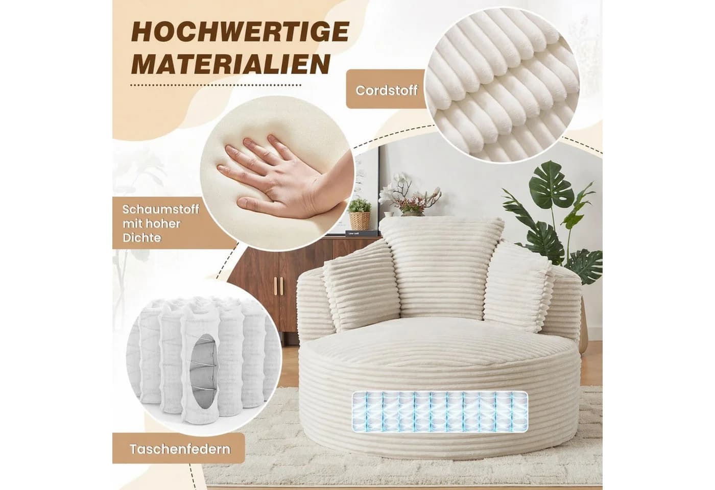 ANYSUN Relaxsessel Cord Beige Moderner Bodensessel - Bild 5