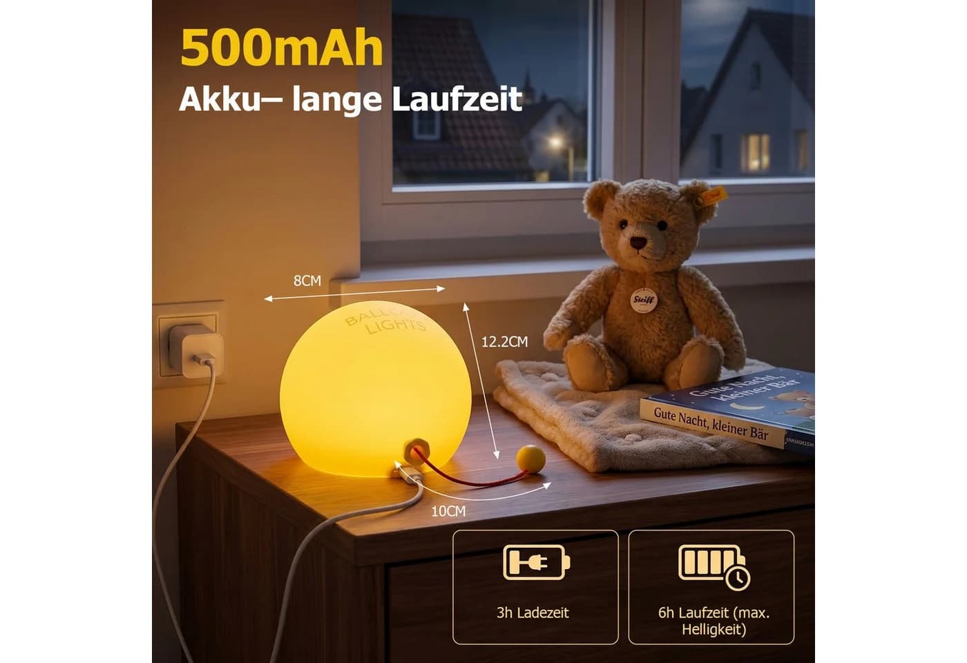 ANYSUN LED Nachtlicht Kinder Gelb Ballon mit Zugschalter - Bild 5