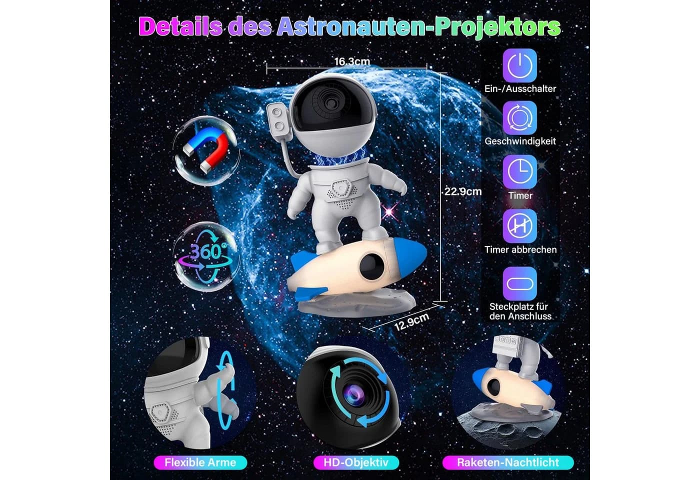 ANYSUN LED-Sternenhimmel Projektor Astronaut Weiß 13 Motive - Bild 5