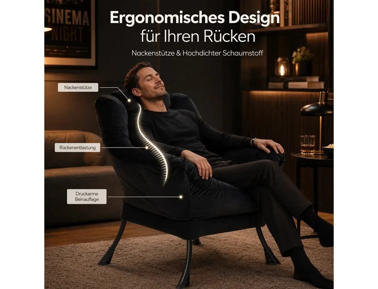ANYSUN Loungesessel Schwarz Samt Nackenstütze Relaxsessel - Bild 3
