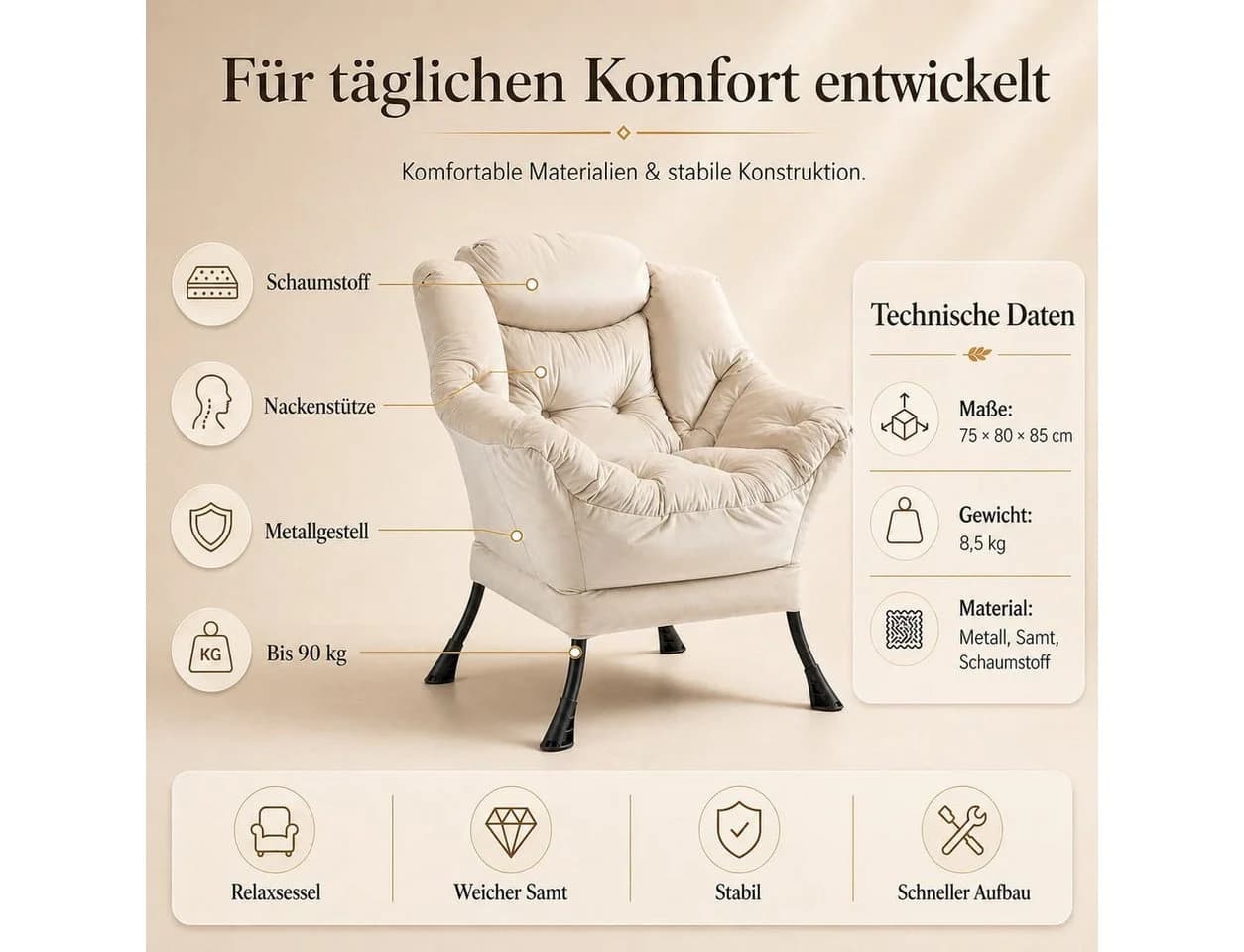 ANYSUN Loungesessel Relaxsessel Samt Grau Ergonomisch - Bild 5