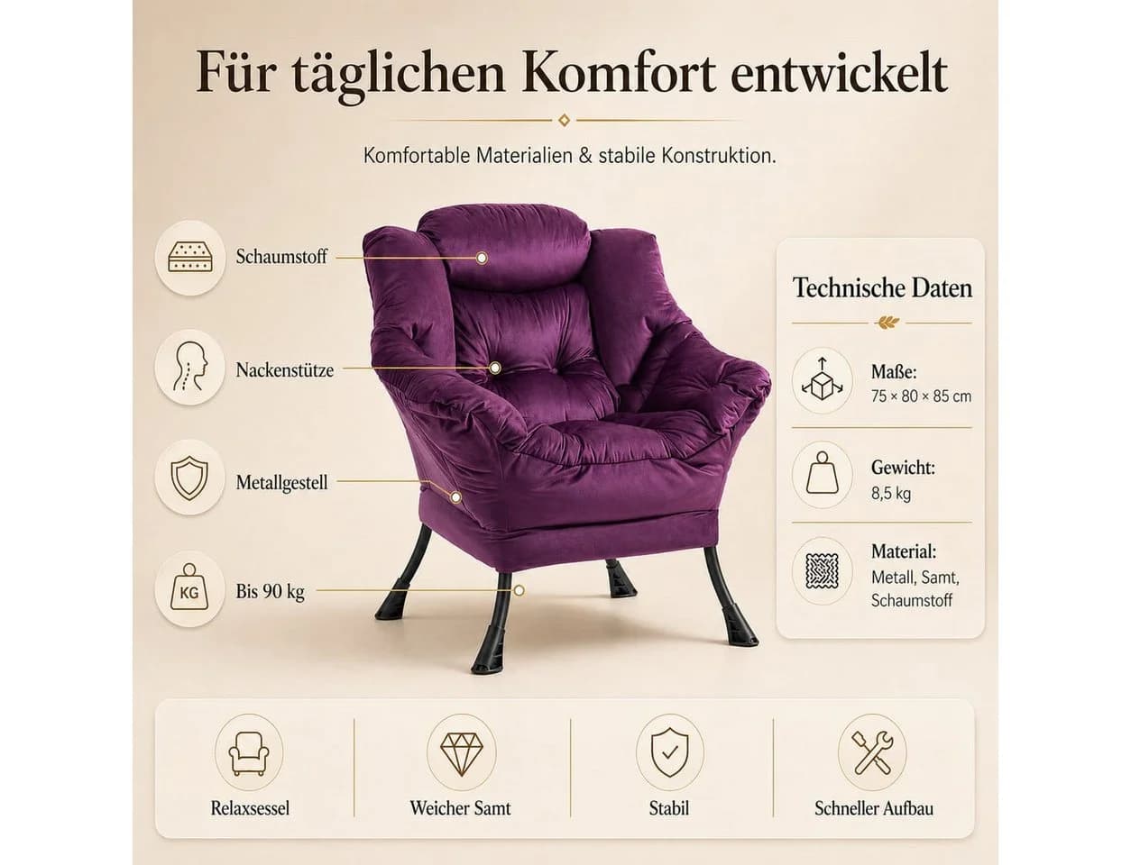 ANYSUN Loungesessel Samt Grau Ergonomische Nackenstütze - Bild 5