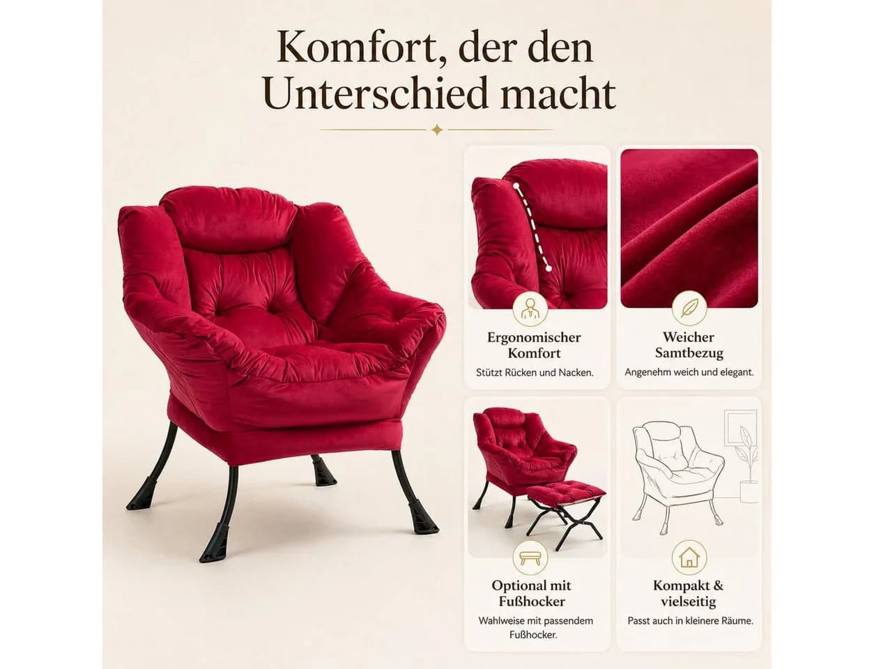 ANYSUN Loungesessel Relaxsessel Samt Grau Ergonomisch - Bild 4