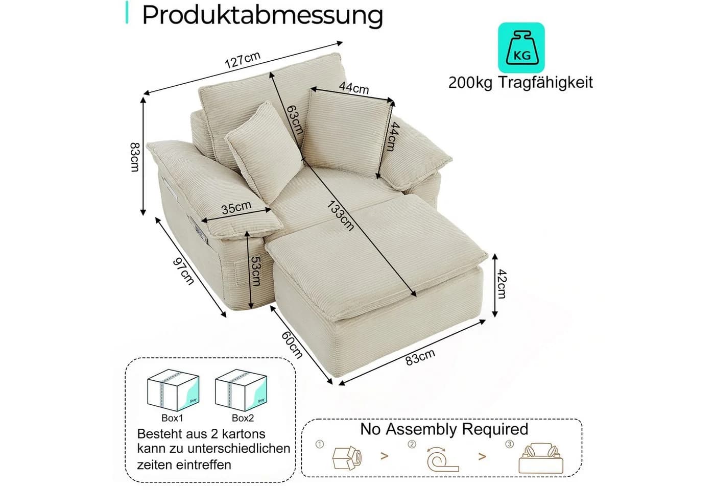 ANYSUN 2-Sitzer Chaiselongue-Sessel Beige Cord mit Ottomane - Bild 3