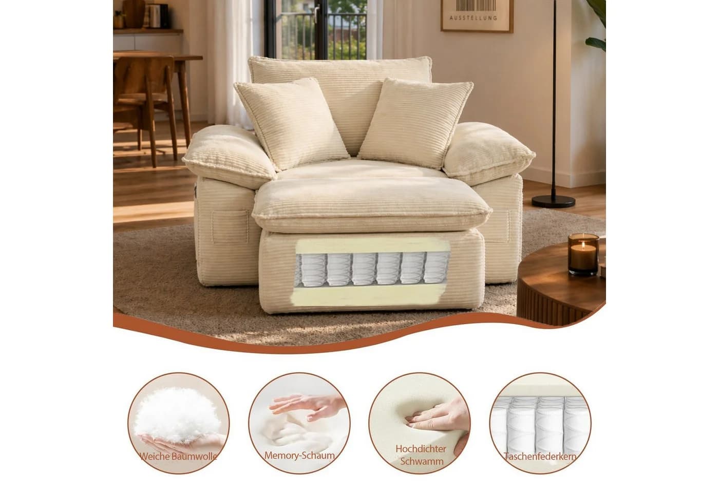 ANYSUN 2-Sitzer Chaiselongue-Sessel Beige Cord mit Ottomane - Bild 4