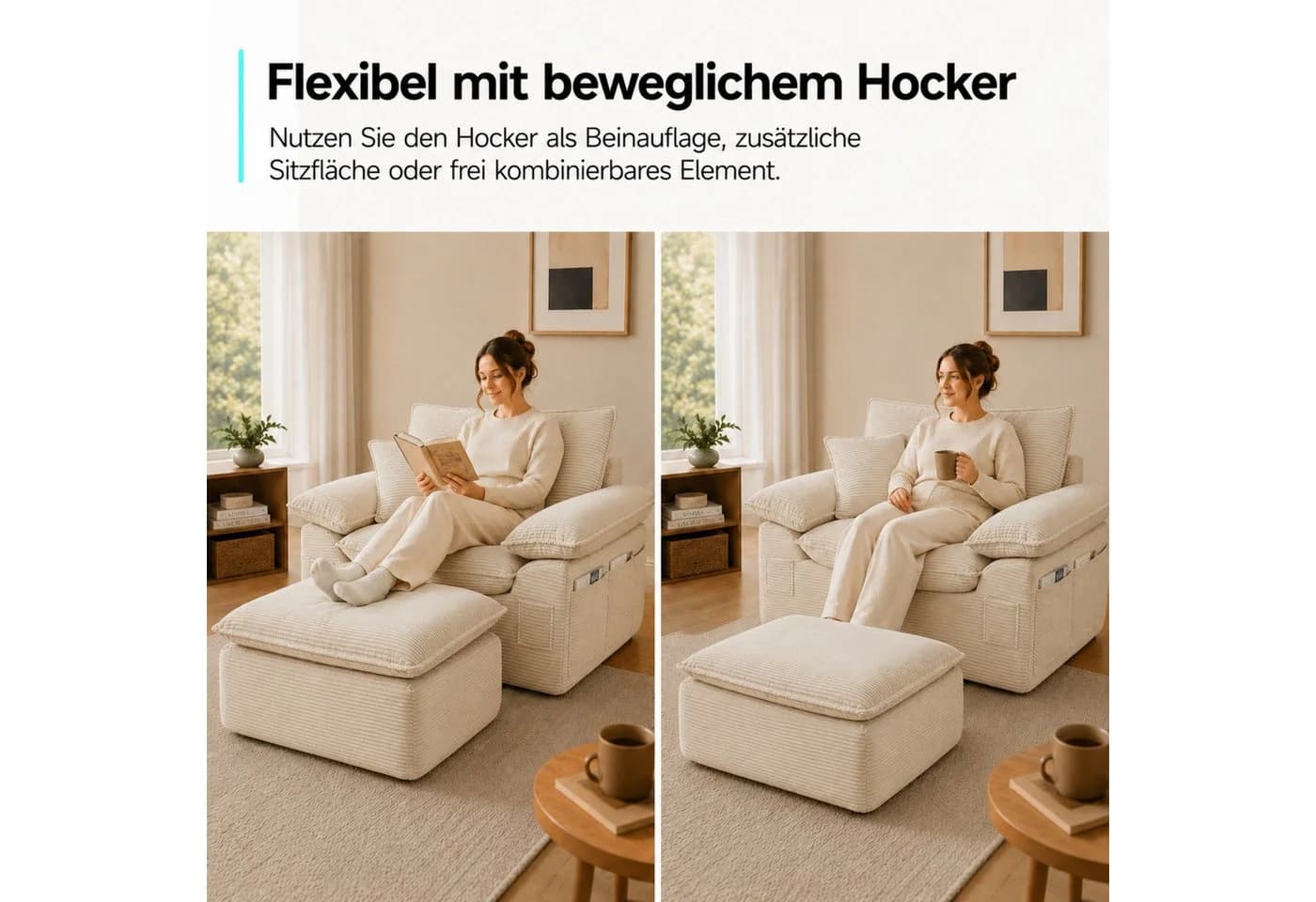 ANYSUN 2-Sitzer Chaiselongue-Sessel Beige Cord mit Ottomane - Bild 5