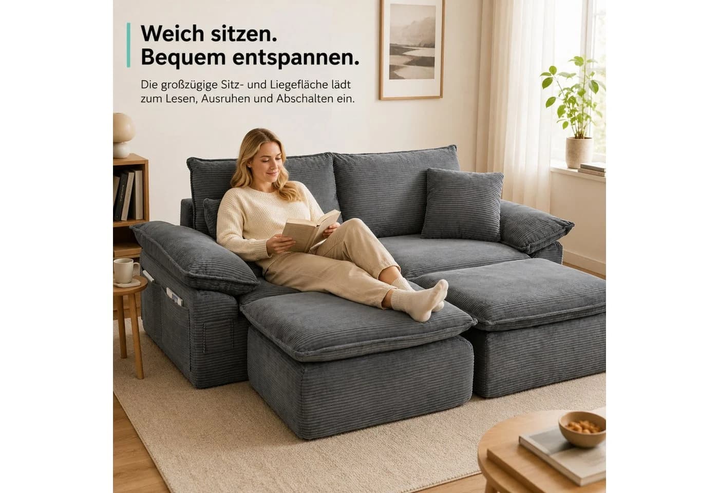 ANYSUN 2-Sitzer Chaiselongue-Sessel Grau Cord mit Ottomane
