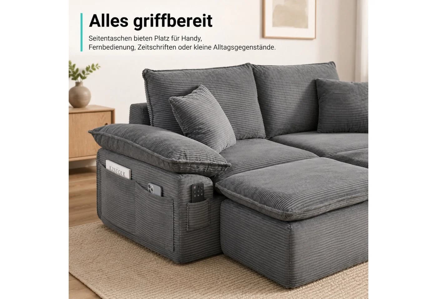 ANYSUN 2-Sitzer Chaiselongue-Sessel Grau Cord mit Ottomane - Bild 3