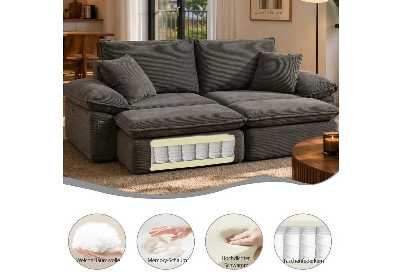 ANYSUN 2-Sitzer Chaiselongue-Sessel Grau Cord mit Ottomane - Bild 5