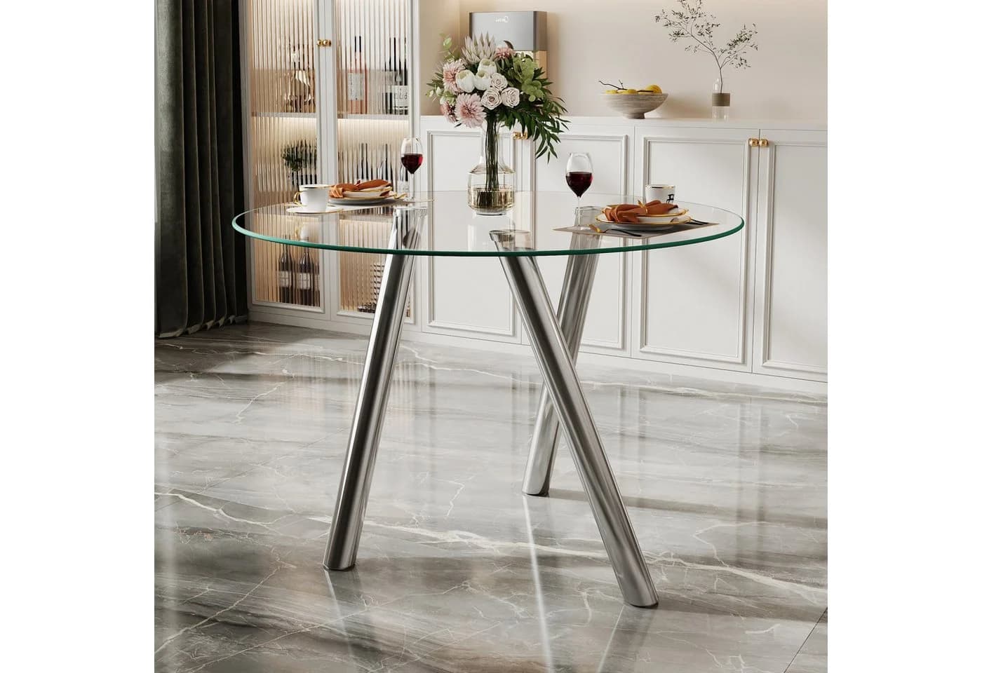 ANYUN Runder Esstisch mit gehärteter Glasplatte, 89x89x76 cm, Metallbeine - Bild 2