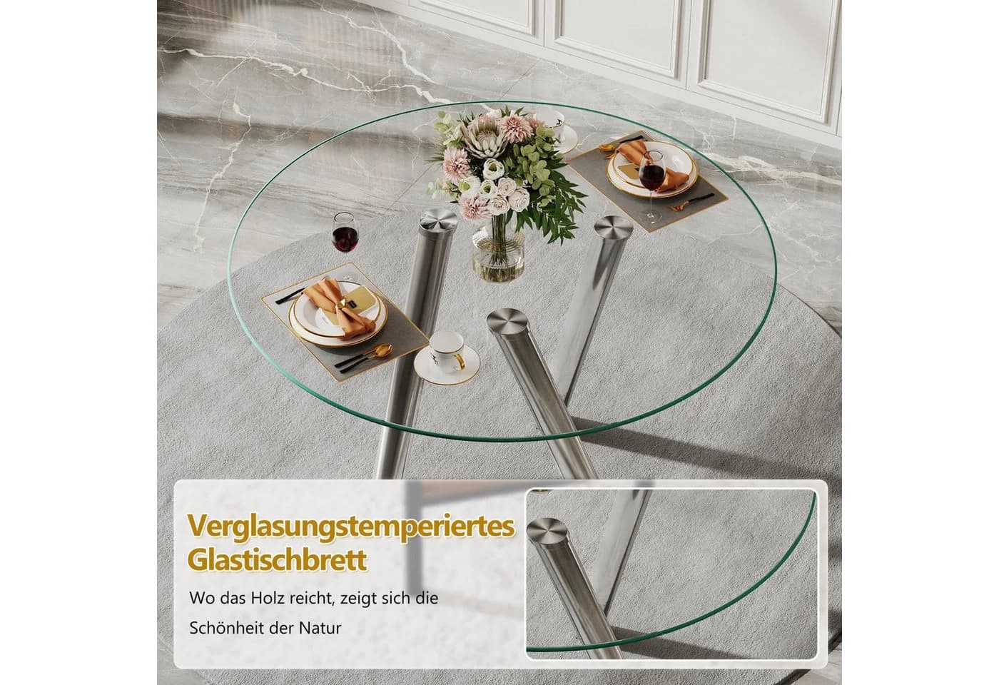 ANYUN Runder Esstisch mit gehärteter Glasplatte, 89x89x76 cm, Metallbeine - Bild 3