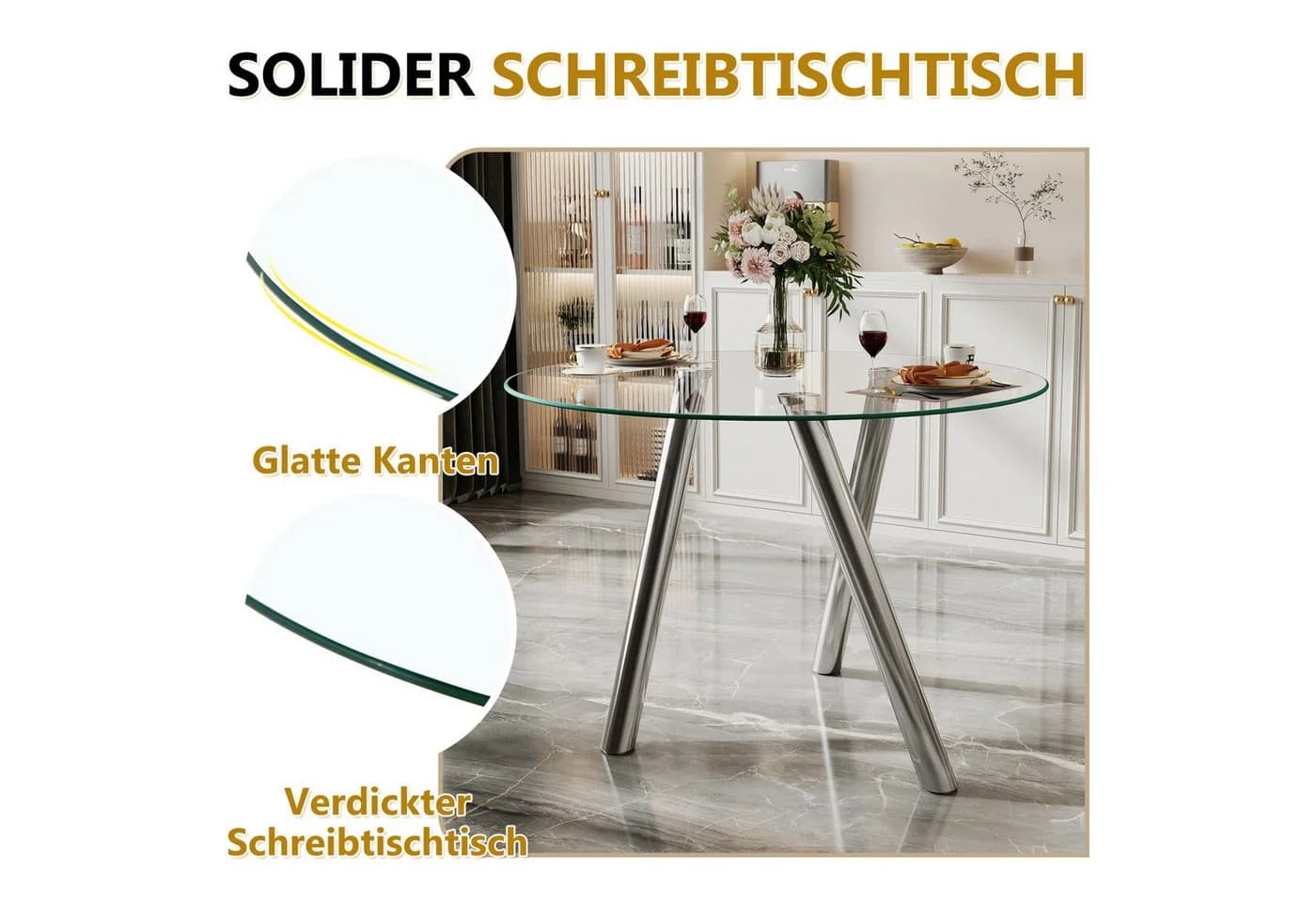 ANYUN Runder Esstisch mit gehärteter Glasplatte, 89x89x76 cm, Metallbeine - Bild 4