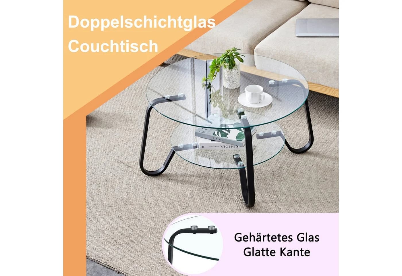 ANYSUN Couchtisch Glas Rund 80cm Silber Metallrahmen - Bild 5