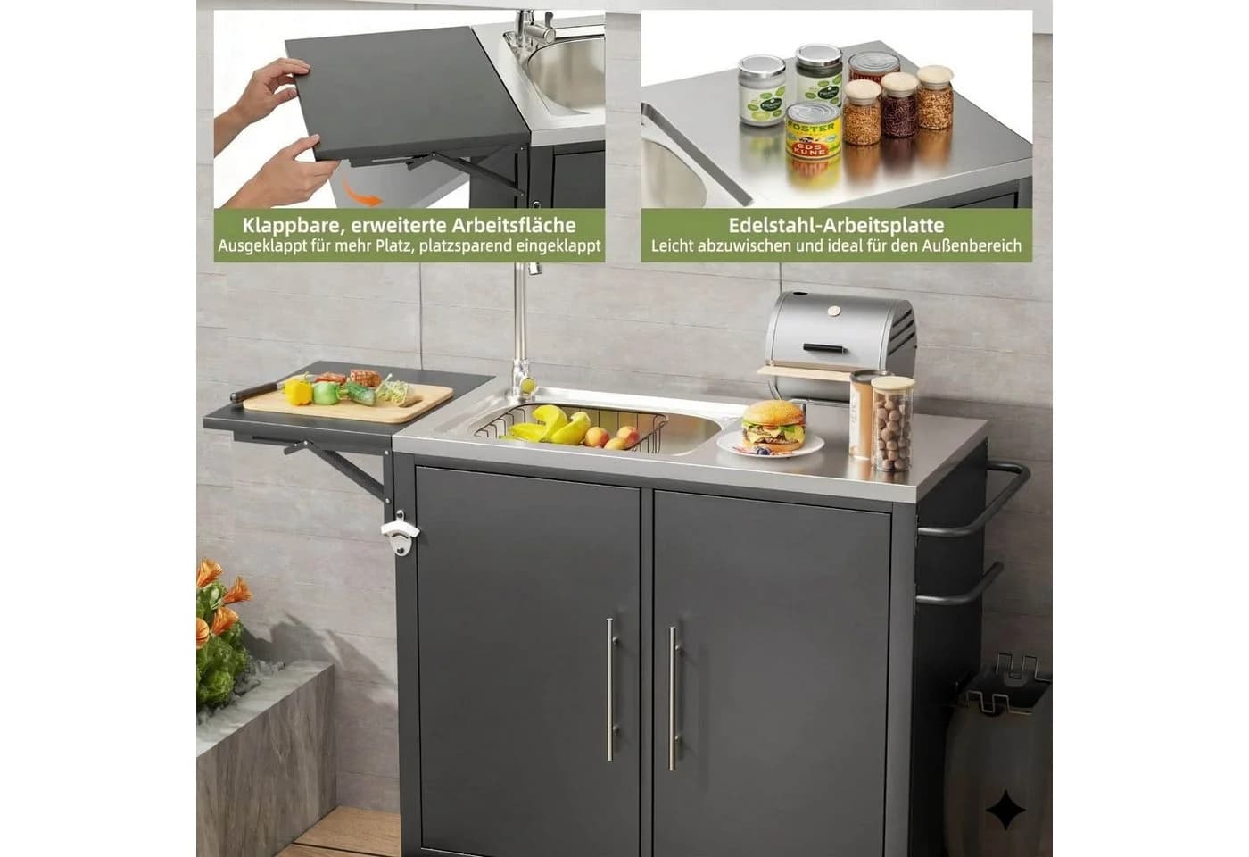 ANYSUN Grillablagetisch mit Spüle Edelstahl Schwarz - Bild 3