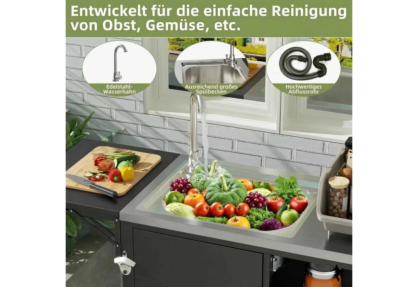 ANYSUN Grillablagetisch mit Spüle Edelstahl Schwarz - Bild 4