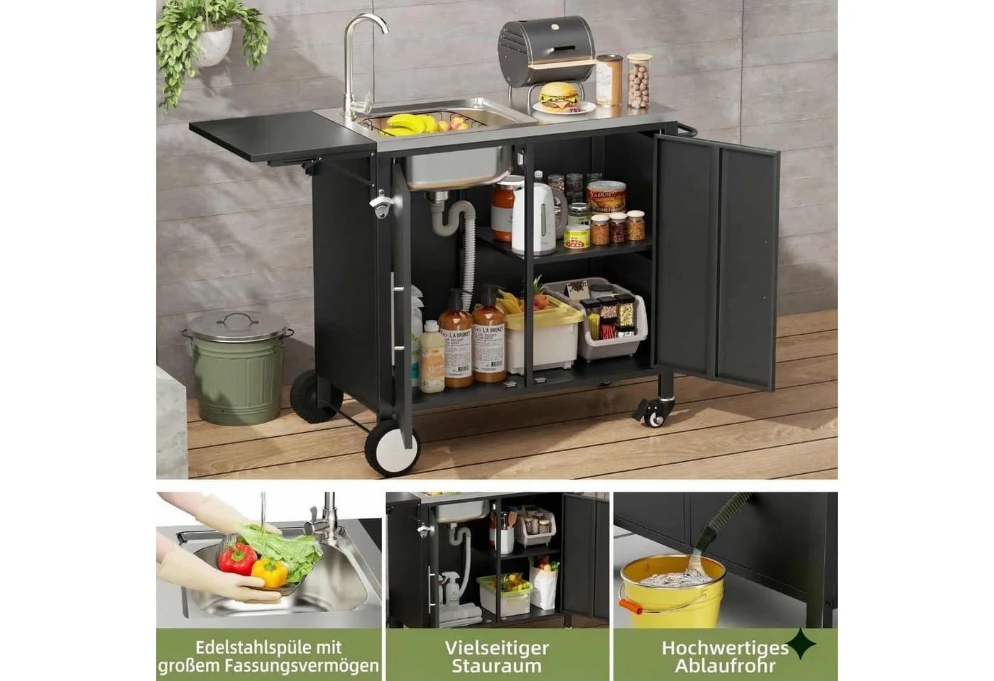 ANYSUN Grillablagetisch mit Spüle Edelstahl Schwarz - Bild 5