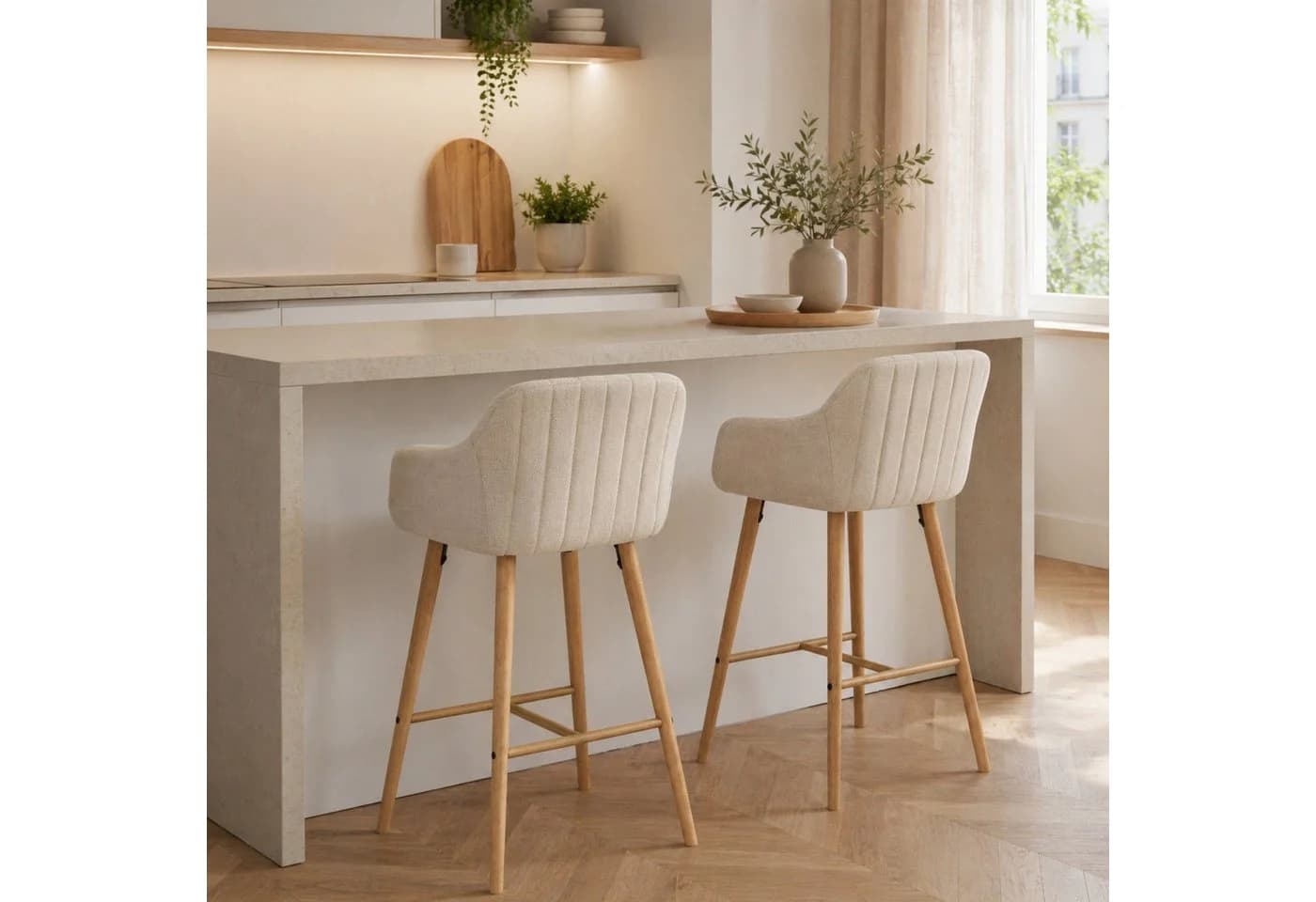 ANYSUN Barhocker 2er Set mit Fußstütze und hoher Rückenlehne Beige