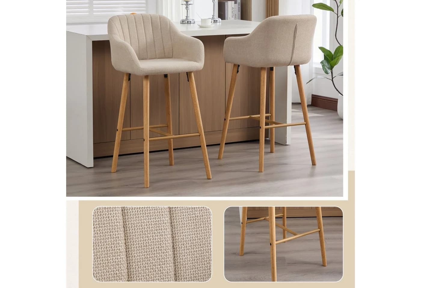ANYSUN Barhocker 2er Set mit Fußstütze und hoher Rückenlehne Beige - Bild 3