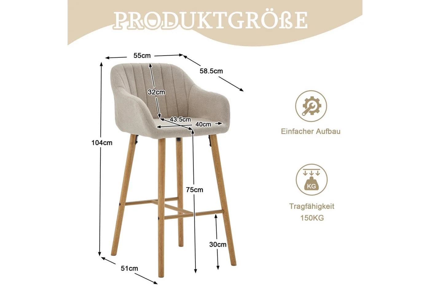 ANYSUN Barhocker 2er Set mit Fußstütze und hoher Rückenlehne Beige - Bild 4