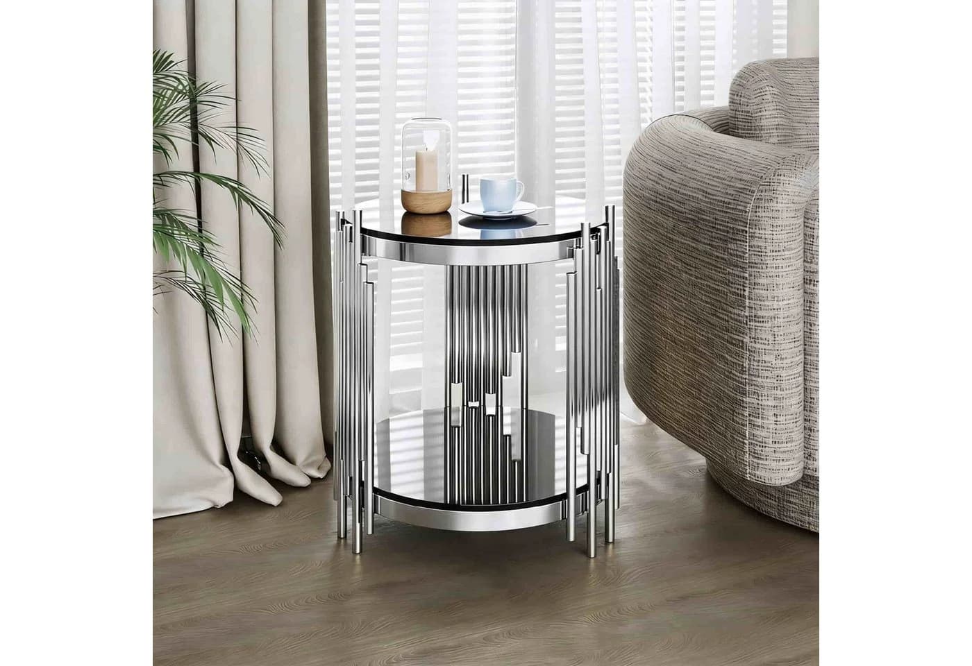 ANYSUN Runder Couchtisch Glas Edelstahl Schwarz Silber Modern
