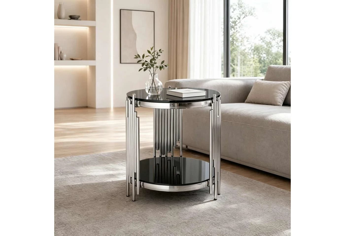 ANYSUN Runder Couchtisch Glas Edelstahl Schwarz Silber Modern - Bild 2