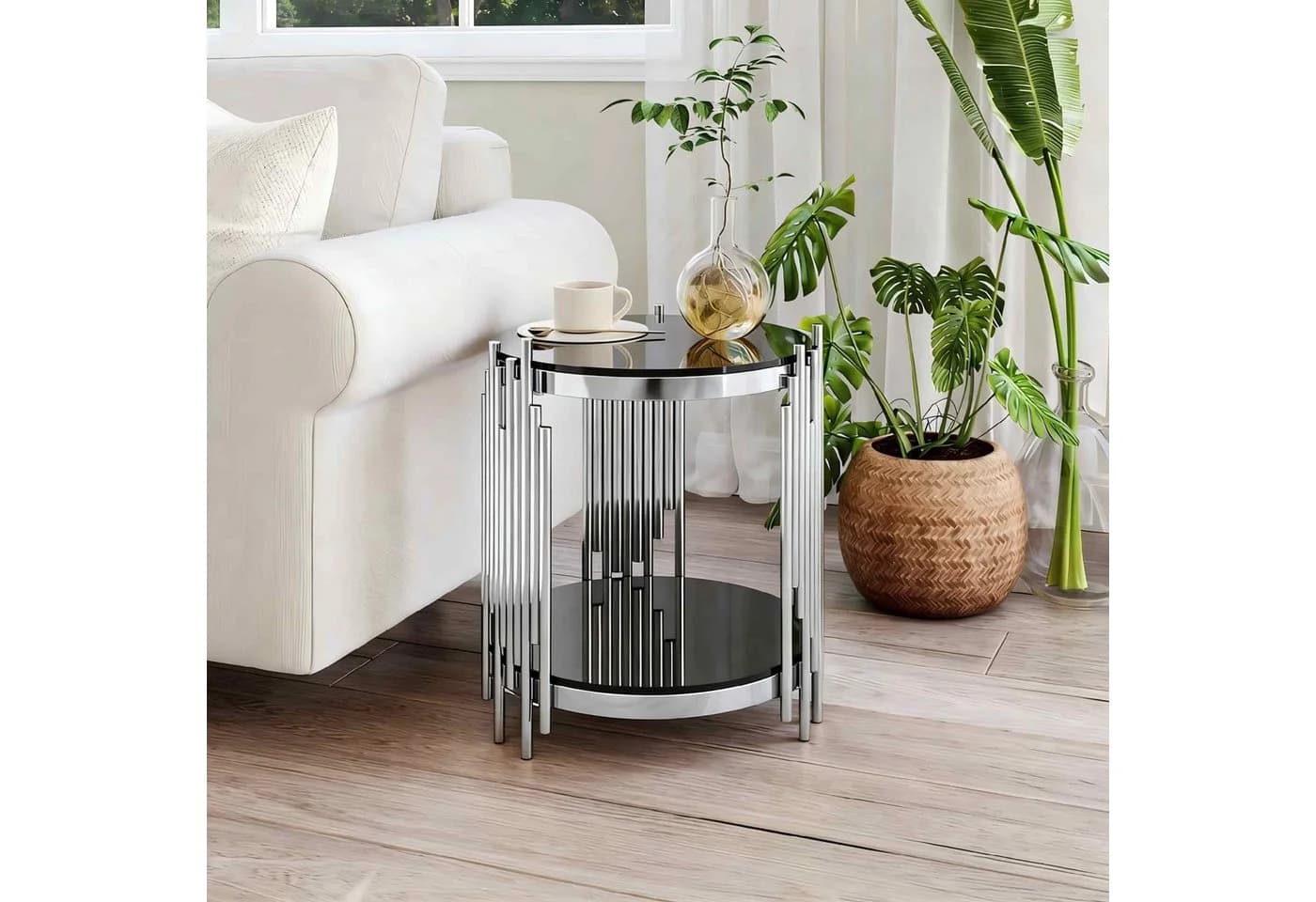 ANYSUN Runder Couchtisch Glas Edelstahl Schwarz Silber Modern - Bild 3