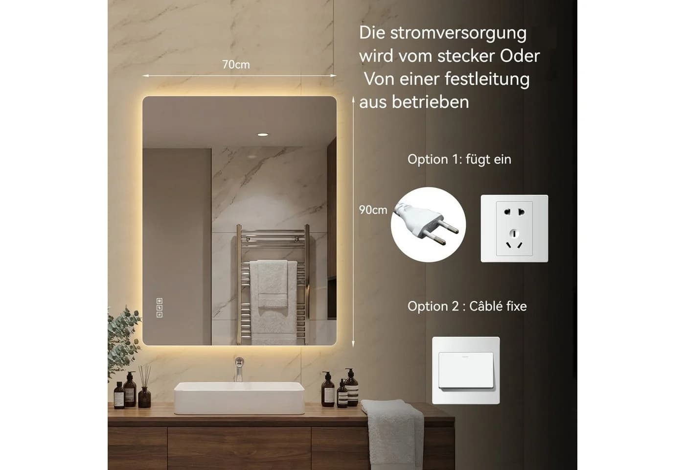 ANYSUN LED Wandspiegel Silber 70x90 cm mit Anti-Beschlag & Touch-Steuerung - Bild 4