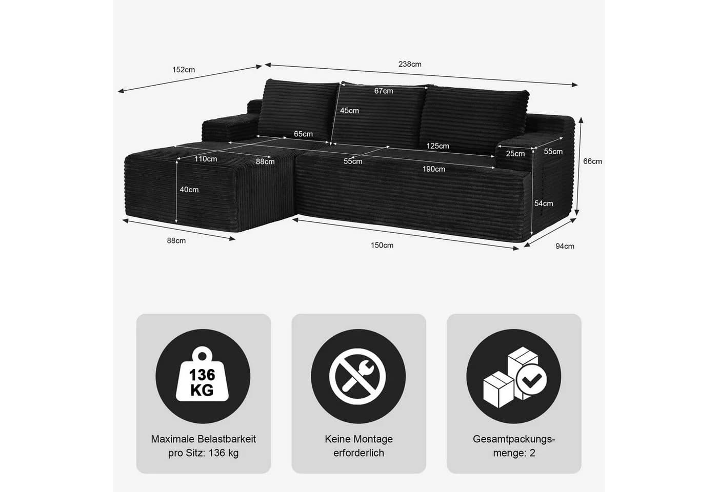 ANYSUN Ecksofa Schwarz Cord mit Liegefläche