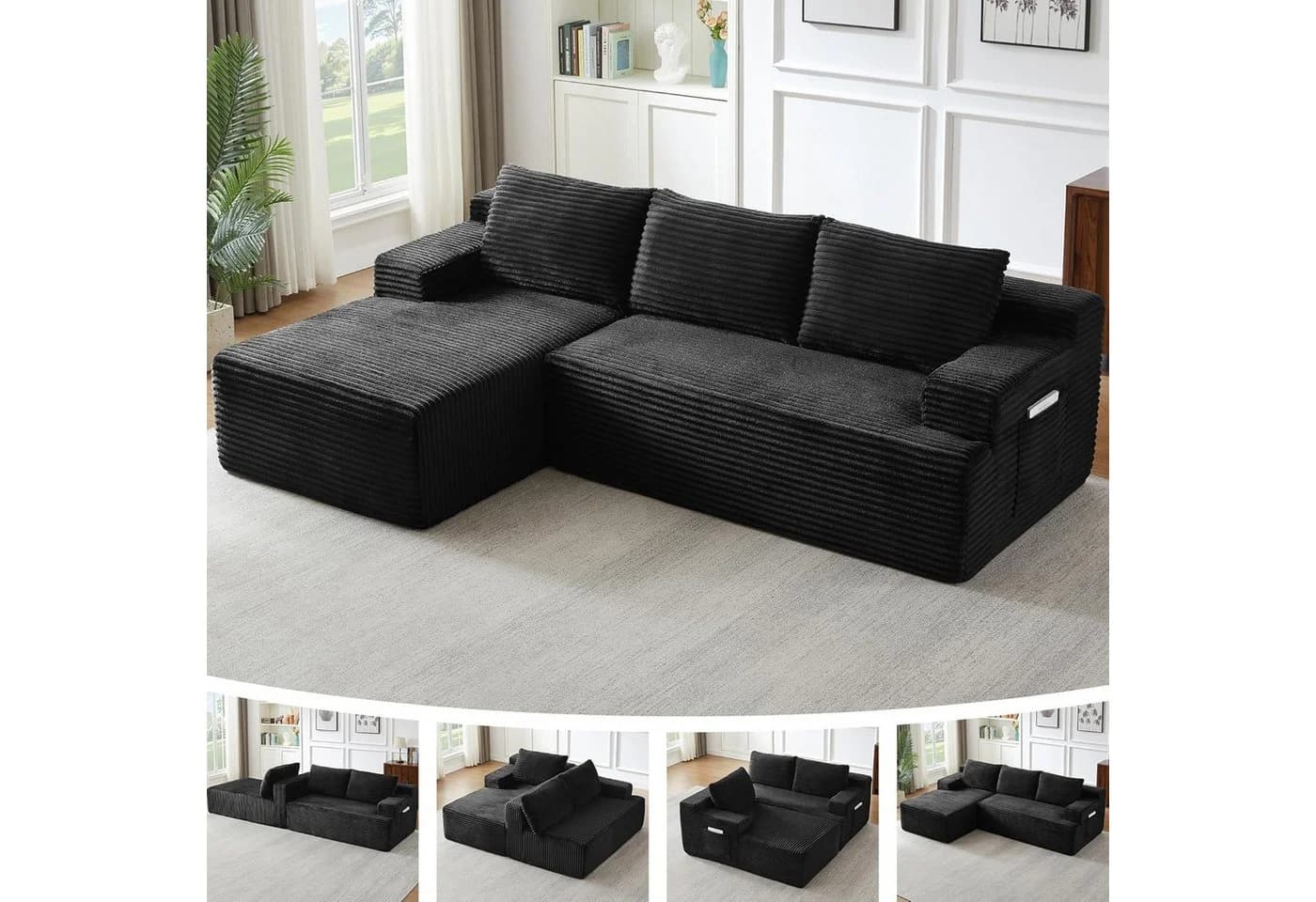 ANYSUN Ecksofa Schwarz Cord mit Liegefläche - Bild 2